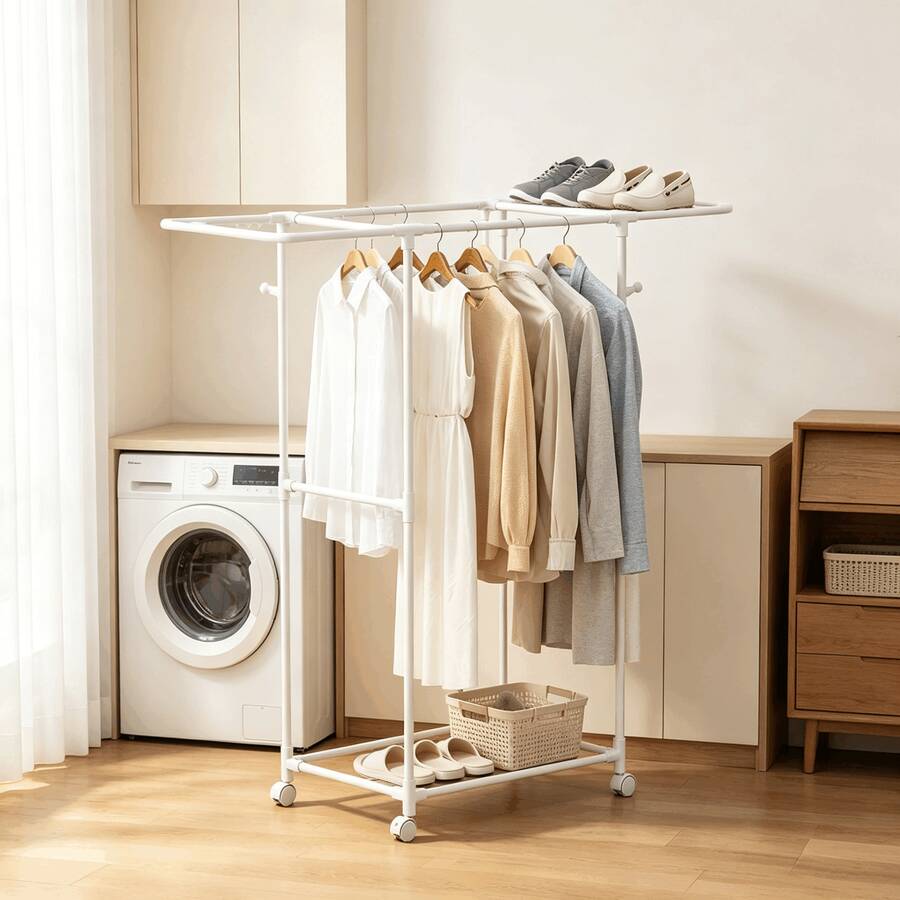 Space-Saving Floor Standing Coat, Hat & Shoe Rack, Rotating Universal Wheels, Thickened & Heightened Steel Tube With Strong Load-Bearing, Shoe & Clothing Partitioned Storage, Home Bedroom Vertical Clothing Storage Rack - Black and White - View 1