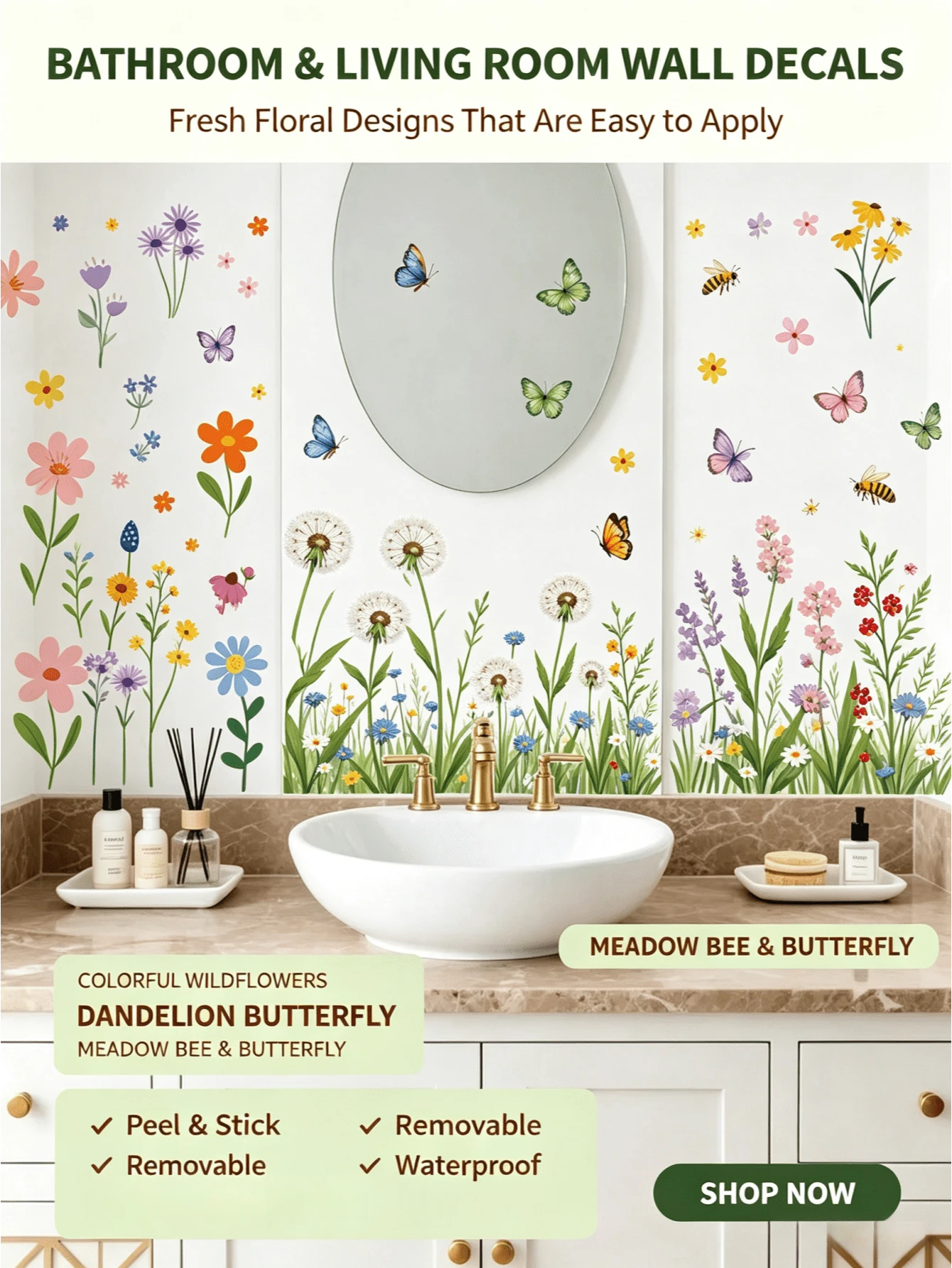 3 Rustic Watercolor Floral Waistline Wall Stickers, Dandelion / Wildflower, Bee And Butterfly Patterns, Waterproof Self-Adhesive PVC Stickers, Freely Combinable, DIY Decorative Decals For Bathroom, Kitchen, And Bedroom Baseboards - Wall Stickers - View 1
