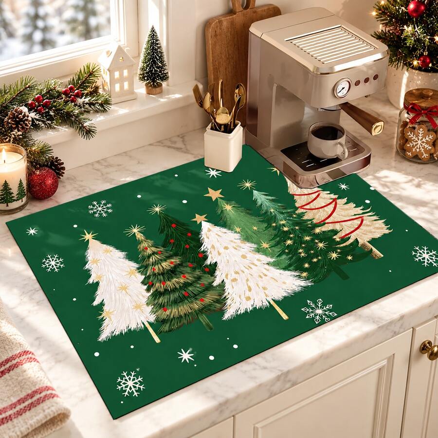 1pc Christmas Absorbent Mat, Christmas Tree Pattern, Kitchen Countertop Absorbent Drying Mat, Coffee Machine Mat, Pour Over Coffee Pot Mat, Dish Drying Mat, Non-Slip Heat Resistant Kitchen Mat, Table Mat, Breakfast Mat, Washing Machine Mat, Home Kitchen Dining Table Coffee Shop Bar Decor Mat, Holiday Party Housewarming Gift, Christmas Holiday Gift! - Multicolor - View 1