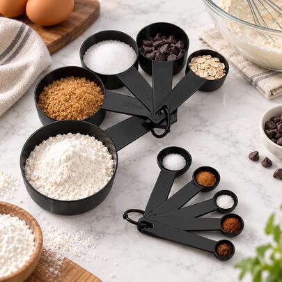 Juego de cucharas medidoras de cocina negras, cucharas medidoras de varios tamaños para cocinar, hornear y preparar comidas, herramientas de medición convenientes para café, azúcar, sal, especias, harina e ingredientes