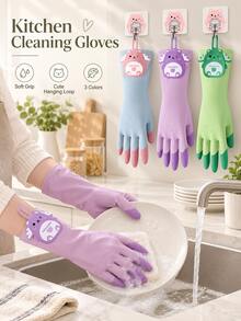 Cute Cartoon Print Latex Protective Gloves, Extended Cuff Design Waterproof Household Gloves, Non-Slip Texture With Convenient Hook, Color Block Style, Suitable For Kitchen Dishwashing, Bathroom Cleaning And Various Daily Chores - Multiple Styles - View 2