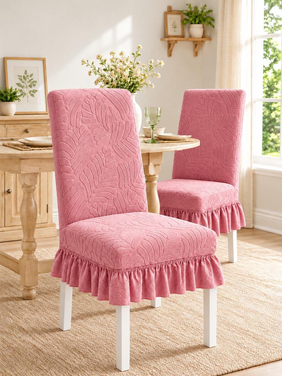 1pc Jacquard High Back Skirt Chair Cover, Anti-Dust Anti-Slip Fashion Chair Cover, Polyester Fiber Thickened High Elasticity All Season Universal Chair Protector Home Decor - Pink - View 1
