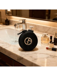 Black Water‑Ripple Textured Round Cosmetic Pouch Double‑Zipper Circular Makeup Case With Large 3D Metal Logo Faux‑Leather Portable Travel Storage Bag For Cushion Jewelry Small Cosmetics Holiday Gift Armani - Black - View 7
