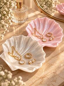 1pc Pearl Luster Shell Shaped Jewelry Tray, Elegant Pink And White Color Vanity Storage Box, Suitable For Rings, Earrings, Necklaces And Bracelets, Bedroom Decor Storage Tray, Suitable For Vanity, Gifts, Weddings, Bridesmaid Gifts, Room Decor - Multicolor - View 7