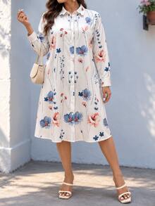 Plus Size Women's Ditsy Floral Button-Front Shirt Dress, Autumn Long Sleeve Casual Shirt Dress - White - View 2