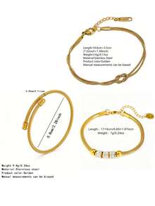 VceTd 1 Set Minimalist Style Stainless Steel Jewelry Set With Wire Design Bracelet And Basic Chain Bracelet, Suitable For Vacation Wear - Yellow Gold - View 11