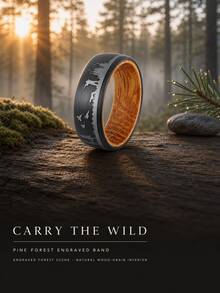 1pc 8mm-Wide Tungsten Carbide Trees Forest Hunting Dear Lasered Silver Black Whiskey Barrel Wood Ring For Wedding,Exquisite Men's Accessory Jewelry - Black - View 2