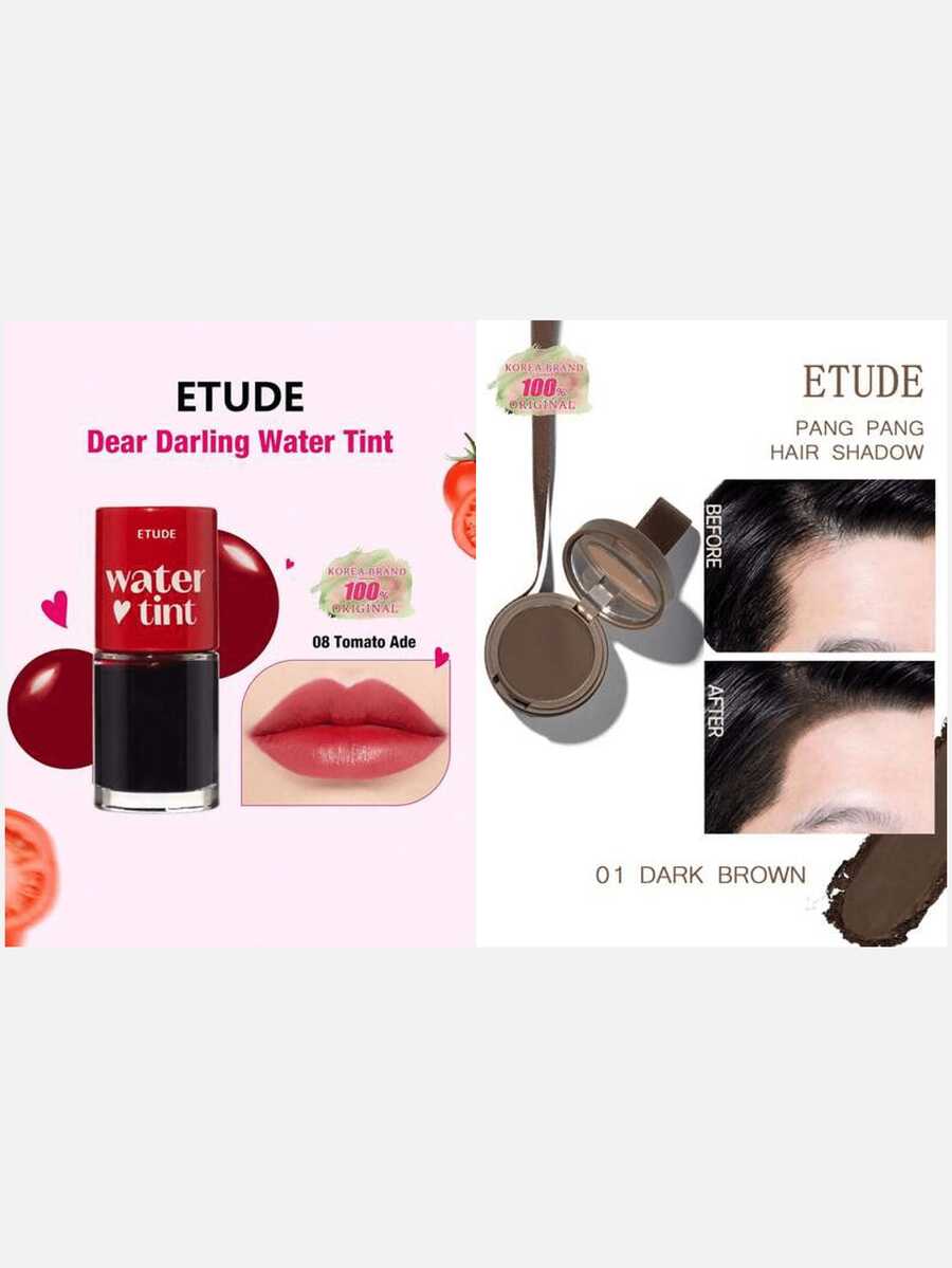 ETUDE Dear Darling Water Tint 08 Tomato Juice + PANG PANG HAIR SHADOW 01 Dark Brown, Waterproof, Easy To Clean, Water And Sweat Resistant, 2pcs Set - 08 Tomato Ade & 01 DARK BROWN - View 1