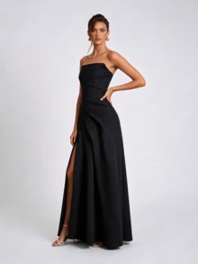 Women's Elegant Sleeveless Strapless Ruched Design Slit Party Formal Dress - Black - View 7