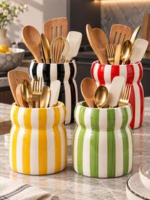 Estante de almacenamiento de vajilla con bloques de color a rayas, organizador multifuncional de utensilios de cocina, soporte de escritorio para cucharas, tenedores y palillos, cubo de almacenamiento decorativo para encimeras del hogar - Multicolor - Ver 4