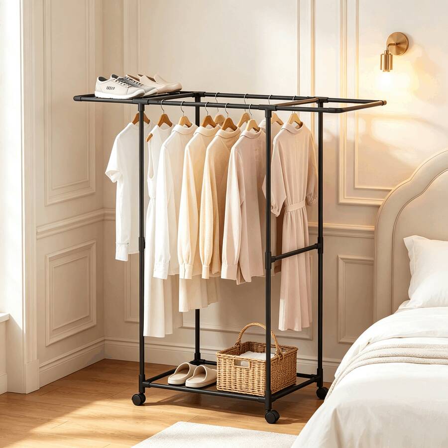Shoe & Clothing Rotating Floor Rack, 360° Smooth Rolling Wheels, Thickened Steel Pipe Stable & Non-Wobbling, Extra Tall For Hanging Long Dresses, Space-Saving Rack For Small Home - Multicolor - View 1