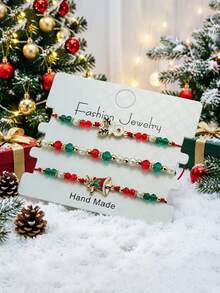 3Pcs/Set Men Women's Christmas Charm Beaded Bracelet, Adjustable String Stackable Bracelets, Holiday Party Jewelry Gift For Lover - Multicolor - View 3