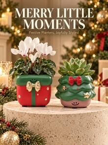 1pc Christmas Tree And Gift Box Shaped Planter, Cute Festive Small Plant Pot With Bow And Star Details, Holiday Home Decor For Succulents, Windowsill, Office Desk, Shelf And Tabletop Display - New Model - View 9