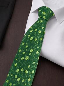1pc Green Floral Polyester Woven Men's Tie, Classic Wedding Holiday Accessory, Casual Matching Holiday Gift Tie - Green - View 3