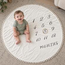 Newborn Photography Props, Round Baby Monthly Milestone Blanket With Pom Pom Trim, 1-12 Months Growth Photo Backdrop For Boys & Girls - White - View 2