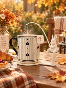 Cute White Ceramic Rabbit Tea Bag Holder With Coaster, Creative Bunny Fishing Tea Bag Hanger, Aesthetic Kitchen Tea Accessories - Multicolor - View 3
