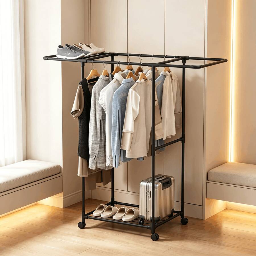 Mobile Rotating Floor Coat Rack, Thickened Steel Tube With Heavy Duty Support, Tall Design To Prevent Long Dresses From Touching The Floor, Top Shoe Rack With Divided Storage, Vertical Coat Rack For Home - Multicolor - View 1