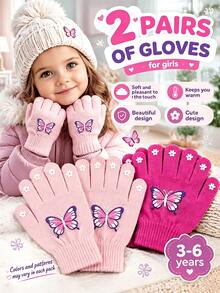 2 Pairs Kids Autumn/Winter Baby Knitted Five-Finger Woolen Warm Thick Split-Finger Gloves, Cold-Proof, Small Butterfly Design - Butterfly Gloves - View 16