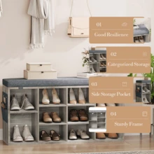 Wanfeeso Entryway Shoe Bench With Storage - Upholstered Seating Bench With Open Compartments & Side Pockets - Space-Saving Shoe Rack Organiser For Hallway & Bedroom - Grey 104*30.5*53 - View 5