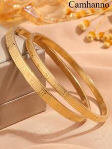 Camhanno 2pcs Couple Titanium Steel Mirror Finish Minimalist Bracelets - Gold - View 2