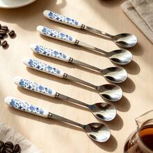 6/12pcs Blue Floral Ceramic Handle Stainless Steel Coffee Spoons, Dessert Spoons, Ice Cream Spoons, Small Spoons, Small Forks And Fruit Forks, Suitable For Home, Restaurant, Hotel Use - Multicolor - View 7