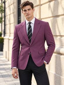 Men's Slim Fit Single-Breasted Solid Color TR Fabric Suit Jacket, Elegant Formal Blazer, Suitable For Office, Business, Wedding And Party - Purple - View 1