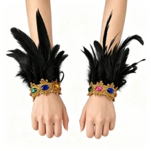 2pcs Peacock Blue Feather Wrist Cuffs With Faux Pearl Decor, Suitable For Halloween Party Cosplay Women's Costume Accessory - Multicolor - View 16