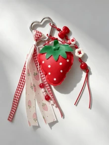 Cute Leather Strawberry Keychain With Braided Rope, Fruit Heart Bag Charm, For Women's Shoulder Bag, Tote Bag, Keychain - Multicolor - View 4