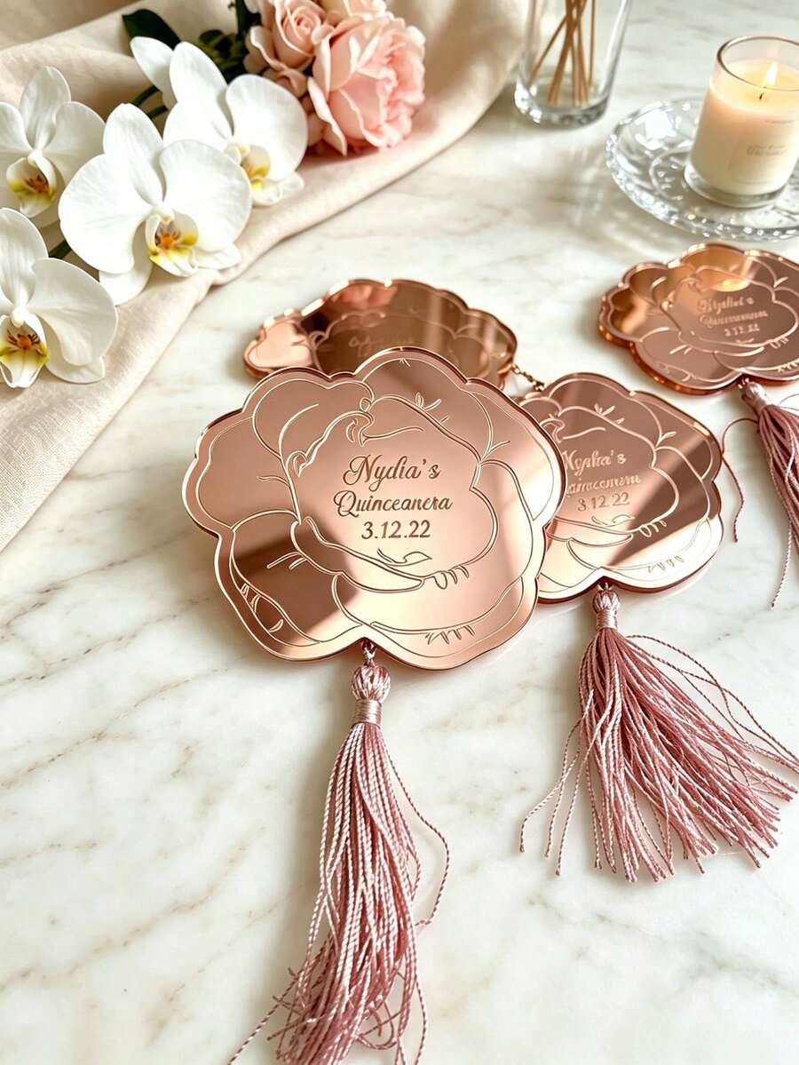 Personalized Floral Mirror Acrylic Tassel Tag, Gold/Silver/Rose Gold, Customized Engraved Name & Date Keepsake Gift, Suitable For Sweet 16, Bachelorette Party, Bridesmaid & Bride Rose Theme Gifts - Multicolor - View 1