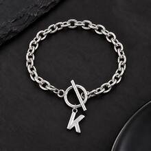 1pc Simple Classic Silvery Initial Toggle Clasps Pendant Stainless Steel Chain Bracelets For Men - Silver - View 3