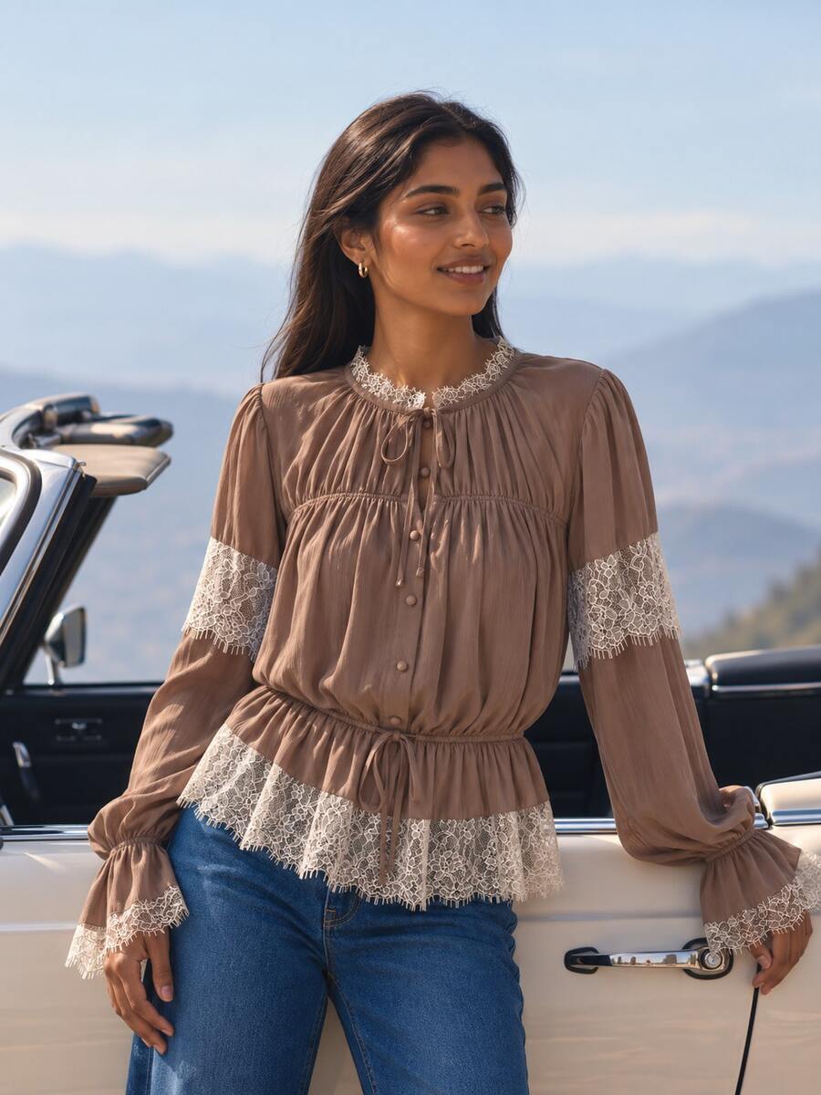 Zerodot Women Brown Taupe Cottagecore Lace Trim With Ruffle Hem Blouse Office Casual Spring Fall Pre Fall - Coffee Brown - View 1