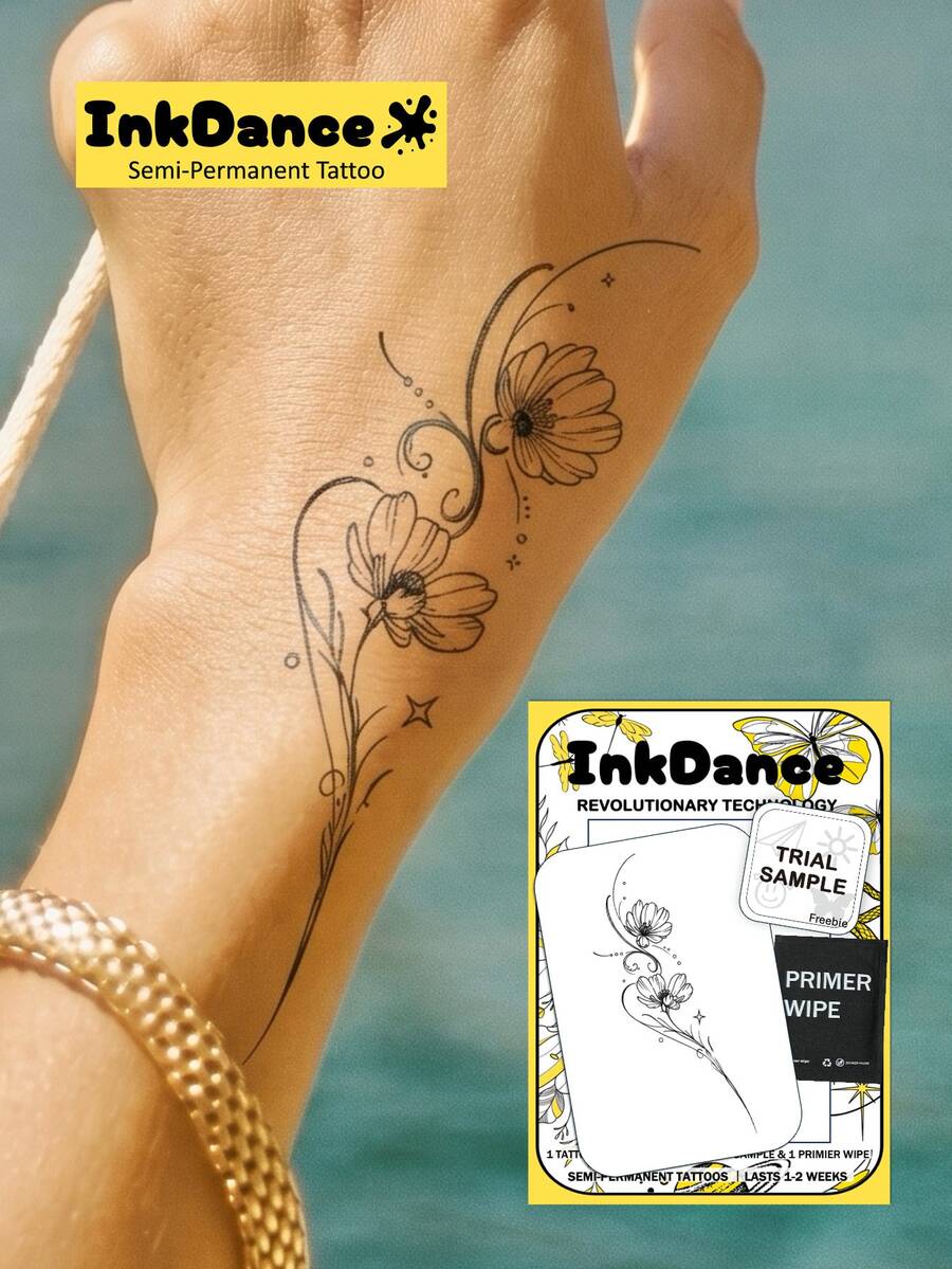 1 Set "Exquisite Floral" New Technology Tattoo Stickers, Fine Line Streamlined Elegant Style, Semi-Permanent Temporary Tattoo Stickers, Waterproof Long-Lasting Realistic Design, Plant-Based Formula, InkDance Ink Dance, Gift X149 - Black - View 1