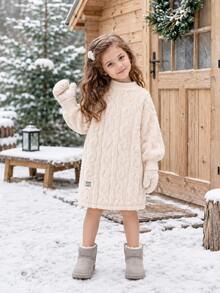 Young Girls Minimalist Fashion Beige High Neck Long Sleeve Suede Waist Dress, Autumn/Winter New Style - Beige - View 9