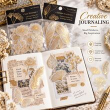 Golden Promise Series Gold Foil Vellum Sticker Pack, INS Style Creative Plant, Floral, Feather Scrapbook Material Stickers, DIY Decorative Stickers - Multicolor - View 6
