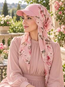 Women Floral Printed Hijab Cap With Brim, Lightweight Chiffon Turban Hat, Sun Protection Baseball Style Headscarf For Daily Outdoor - Multicolor - View 1