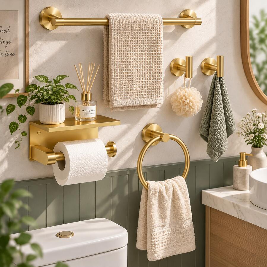 Modern Gold Wall-Mounted Bathroom Storage Rack, Stainless Steel Towel Rack Set, Luxury Wall-Mounted Bathroom Storage Rack With Towel Rack And Hooks - Gold - View 1