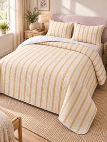 3pcs Quilted Bedspread Set With Milk Apricot Fine Stripe Pattern (1 Bedspread, 2 Pillowcases, Pillow Inserts Not Included), Breathable And Comfortable, Suitable For All Seasons, Holiday Gift, Ideal For Hotels, Inns, Bedrooms, Ultra-Soft Breathable And Moisture-Wicking Bedding - Multicolor - View 5