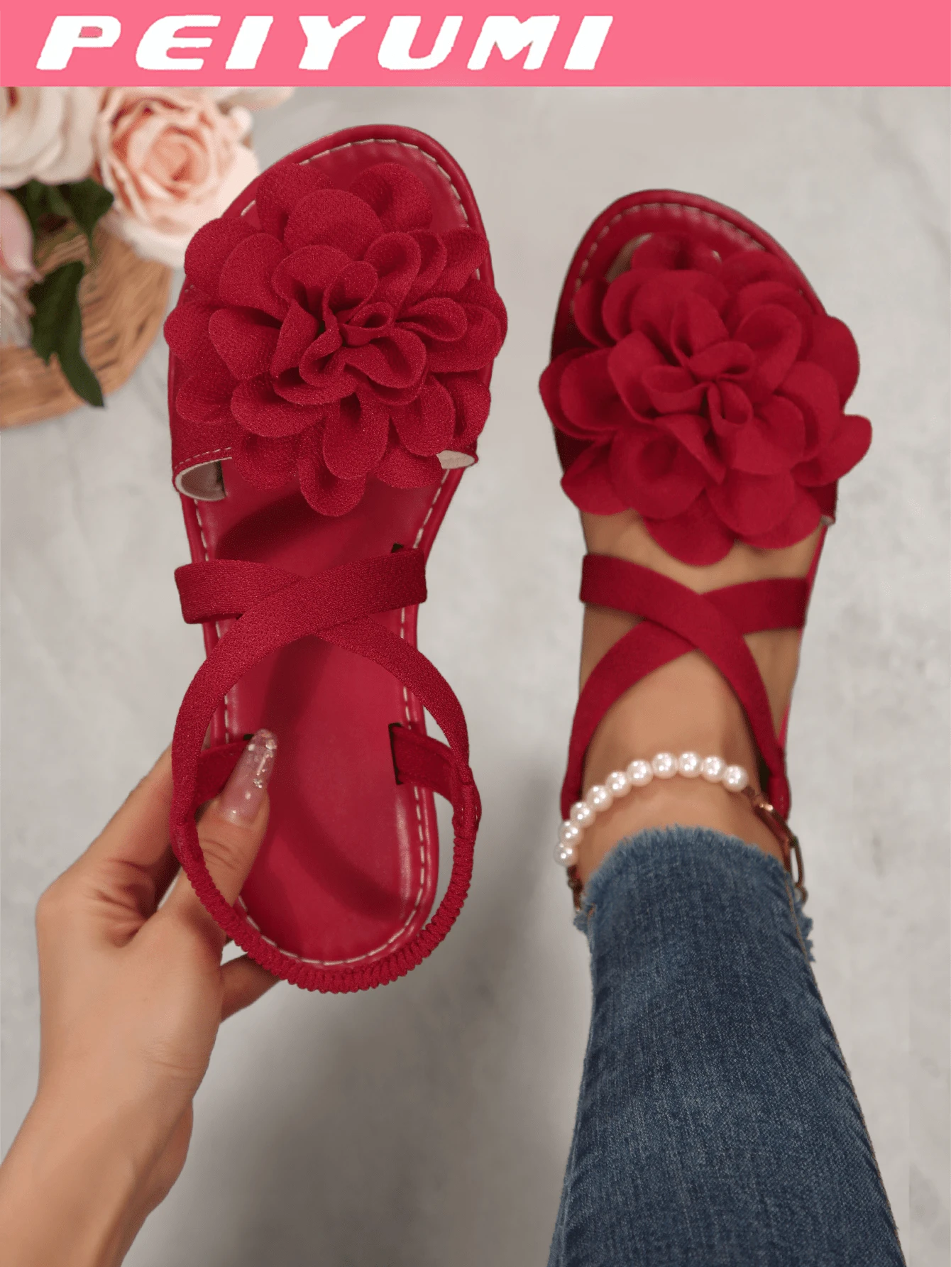 PEIYUMI Summer DIY Flower Decor Criss-Cross Strap Women Sandals, Beach Casual Party