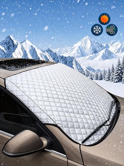 1pc Foldable Car Front Windshield Snow Cover, Silver Aluminum Foil Frost & Ice Protection Cover, Snowproof Frostproof Waterproof Windproof, Elastic Strap Design, Summer UV Sunshade, Universal For Sedan SUV Outdoor Parking All-Season Car Protection