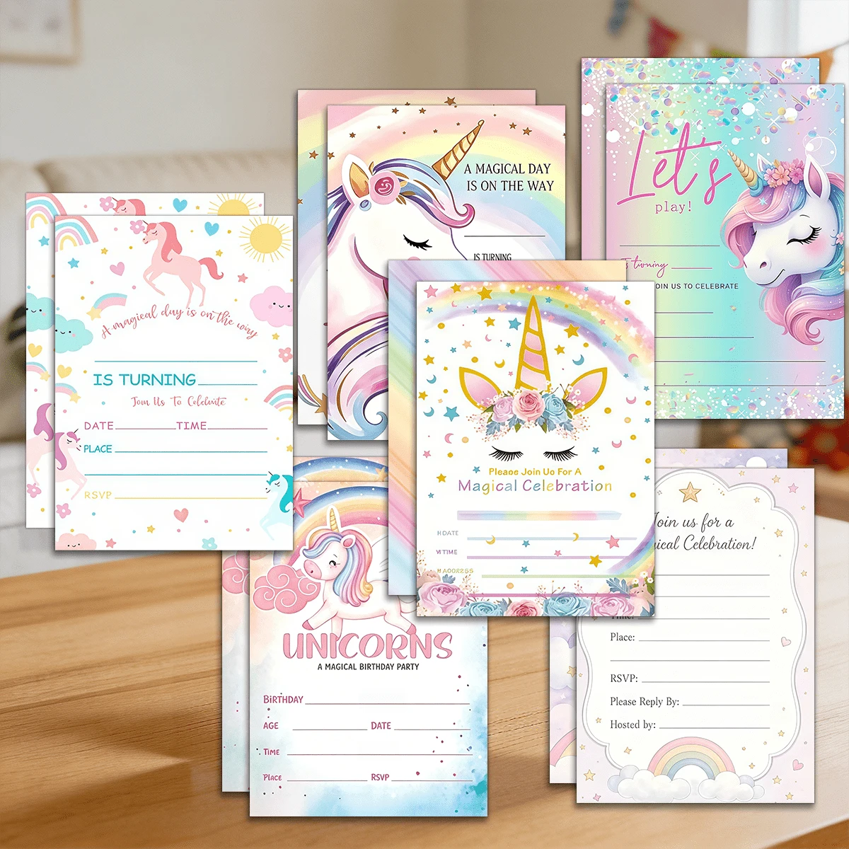 12Pcs Rainbow Unicorn Birthday Party Invitations, Perfect For Birthday Parties, Cute Unicorn Invitations, Rainbow Unicorn Invitations - Multicolor - View 1
