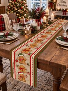 1pc Christmas Table Runner, Cute Gingerbread Man With Christmas Hat Print, American Country Winter Holiday Table Runner, Dining Table Christmas Decoration - Multicolor - View 10