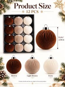 12pcs Neutral Color Velvet Christmas Balls, 6cm Brown, Light Brown, Ivory White Hanging Ball Ornaments, Suitable For Outdoor Christmas Tree, Porch Railing Wreath Decoration, Rustic Farmhouse Winter Holiday Decor - Brown and White Tones - View 4