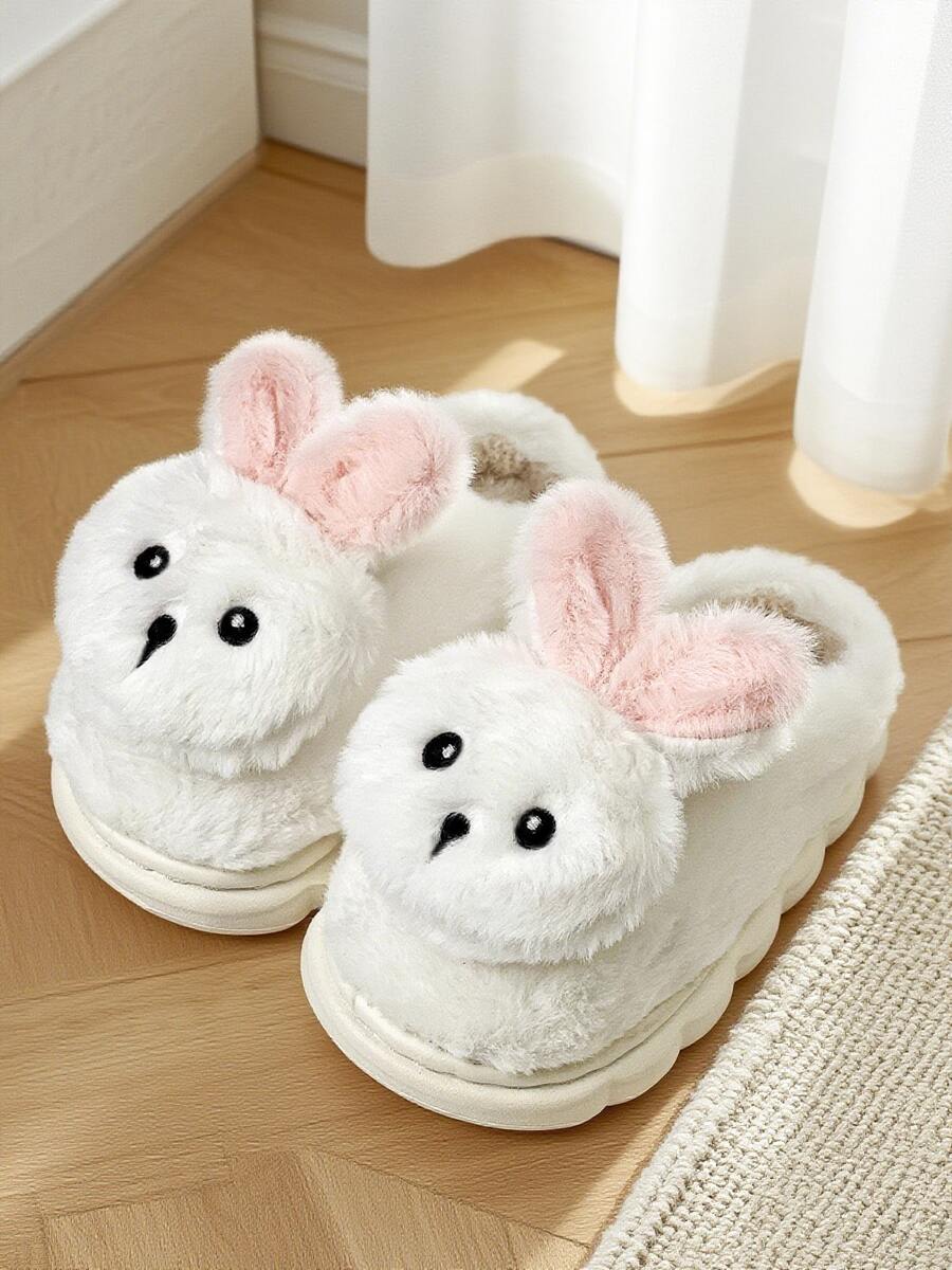 HAHABOBO Children's White Plush Rabbit Slippers, Pink Ears Warm Fleece Lining Winter House Shoes - White - View 1