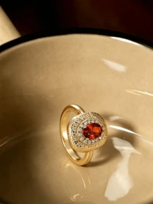1pc Vintage Hammered Texture Gold Color Ring For Women Halo Red Cubic Zirconia Statement Ring Luxury Party Wedding Stackable Jewelry Accessories Gift - Ring - View 3