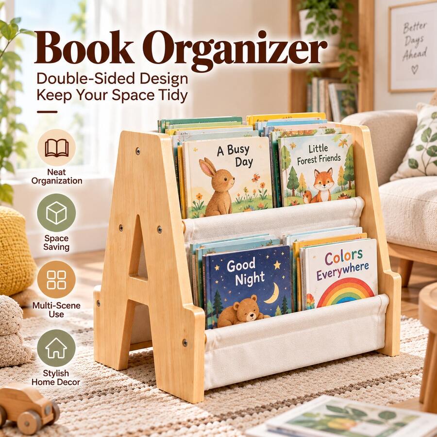 1PC A-Frame Double-Sided Book Rack, 2-Tier Fabric Sling Bookshelf With Front-Facing Display, Freestanding Book Organizer For Bedroom, Living Room, Reading Corner, Playroom, Classroom, Compact Floor Storage Shelf For Books And Magazines - Multicolor - View 1