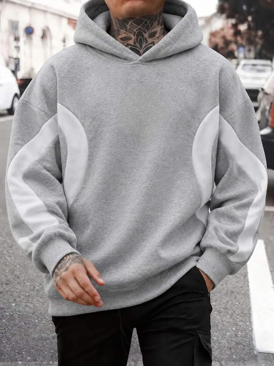 FRACTYR Men's Curved Color Block & Curved Line Pattern Patchwork Sweatshirt, Retro Sporty Loose Casual Pullover - Dark Grey - View 1