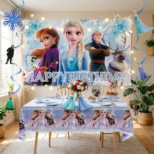 Birthday Party Decorations, Happy Birthday Backdrop, Tablecloth And Hanging Swirl Decorations, Anna And Olaf Theme Birthday Party Supplies - Multicolor - View 2