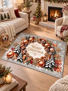 Christmas Merry Christmas Wreath Printed Rug, Soft Short Velvet Festive Floor Mat With Snowflake, Pinecone & Ornament Design, Cozy Holiday Area Rug For Living Room, Bedroom, Kitchen, Entryway & Balcony, Winter Christmas Home Decor - Christmas - View 3