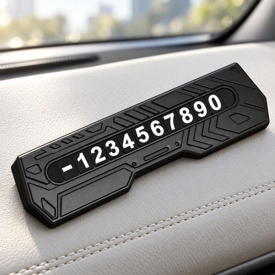 Car Parking Phone Number Plate With Customizable Digits, Mecha-Style Zinc Alloy Dashboard Accessory, Matte Black Temporary Parking Number Display - A - View 1
