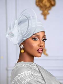 1pc Women Elegant African Gele Turban Hat, Rhinestone Large Flower & Curly Loop Decor Pre-Tied Headwrap, Solid Color Church Party Wedding Statement - A - View 15
